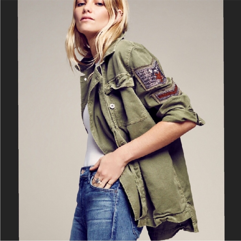 Free People Military Boho Jacket. Beaded Sleeve and Extra Embellishments.